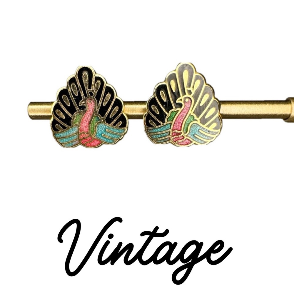 Vintage Peacock Earrings in Black, Pink, Teal and Gold